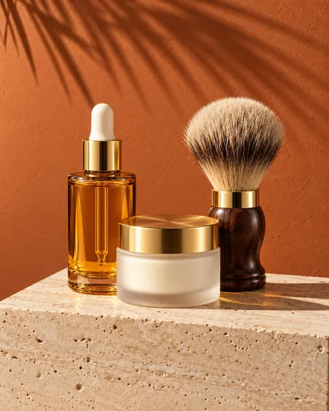 Amber serum bottle, gold-lidded cream jar and wooden shaving brush on travertine stone