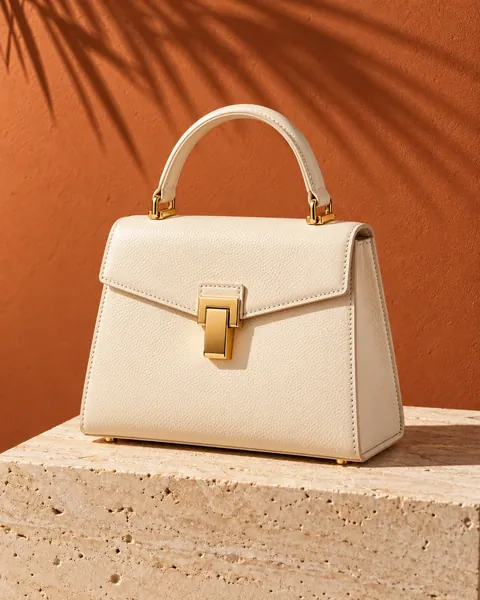Ivory pebbled-leather top-handle handbag with a gold clasp on a travertine plinth