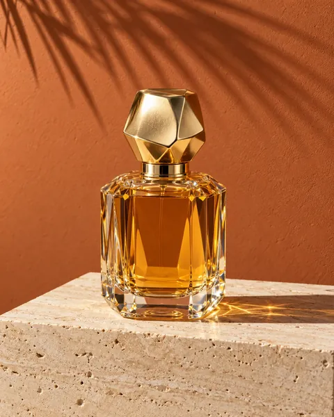 Faceted crystal perfume bottle with a sculpted gold cap on a travertine plinth against a terracotta wall