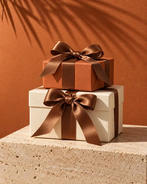 Stacked terracotta and ivory gift boxes tied with brown satin ribbon bows