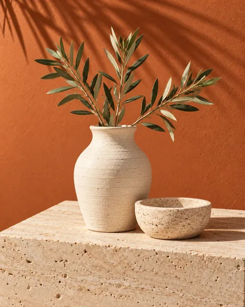 Hand-thrown ivory ceramic vase with olive branches beside a travertine bowl