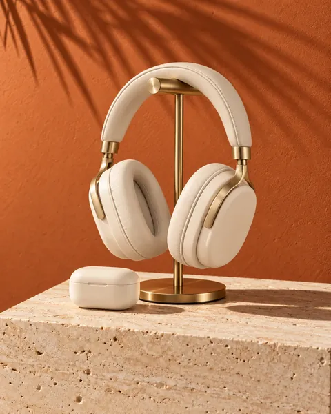 Ivory over-ear headphones on a brass stand next to a wireless earbuds case