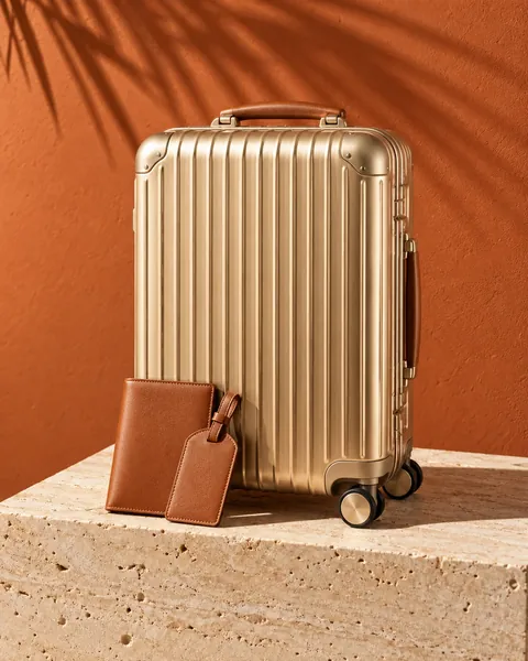 Champagne-gold aluminium carry-on suitcase with a cognac leather passport holder and luggage tag