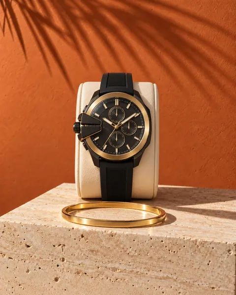 Black and gold chronograph watch on a cream leather cushion beside a gold bangle