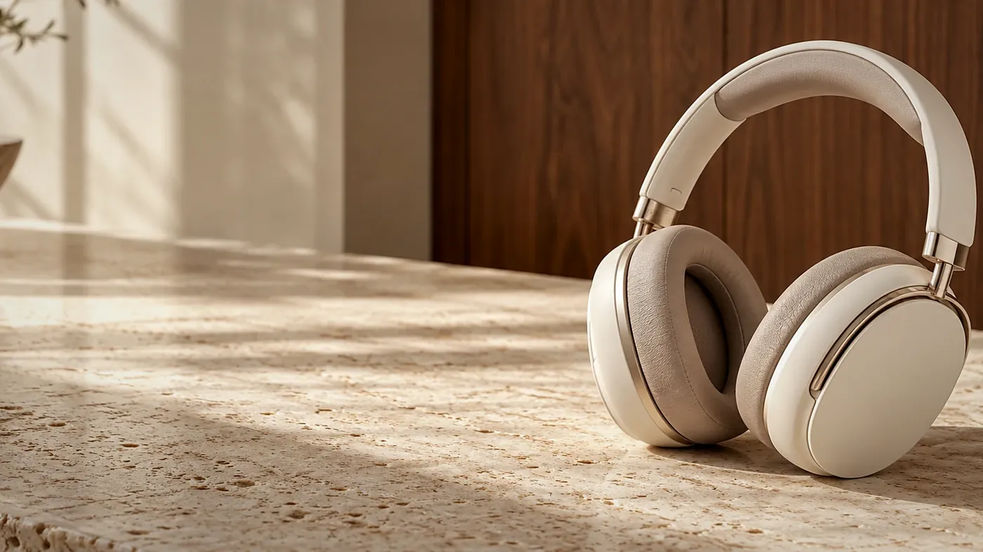 Cream wireless over-ear headphones resting on a travertine counter