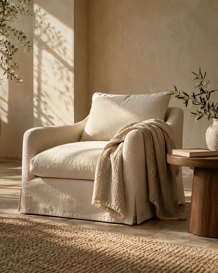 Cream linen armchair with a knit throw beside a walnut side table in warm sunlight