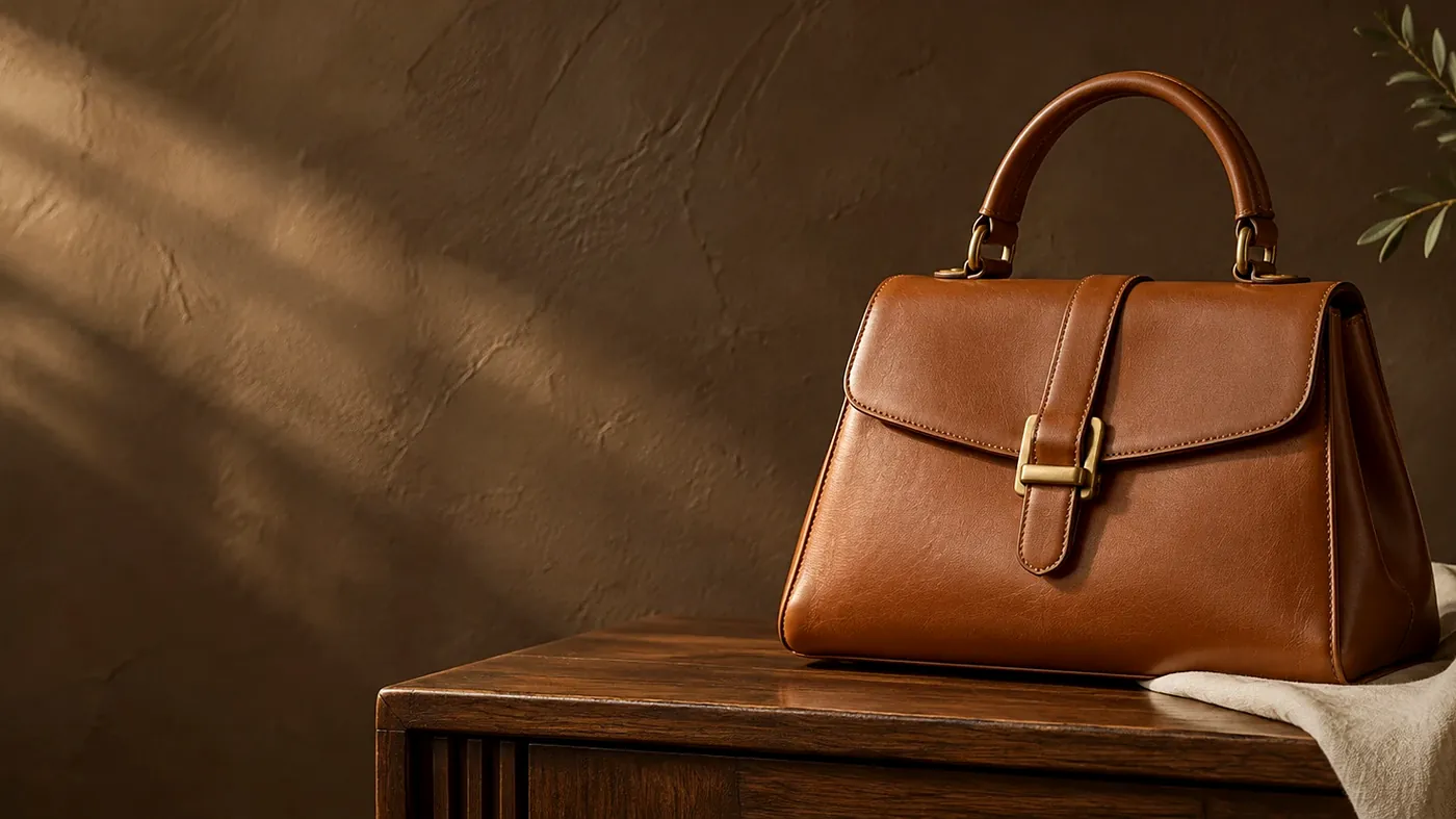 Tan leather top-handle bag with a brass buckle on a dark wood cabinet