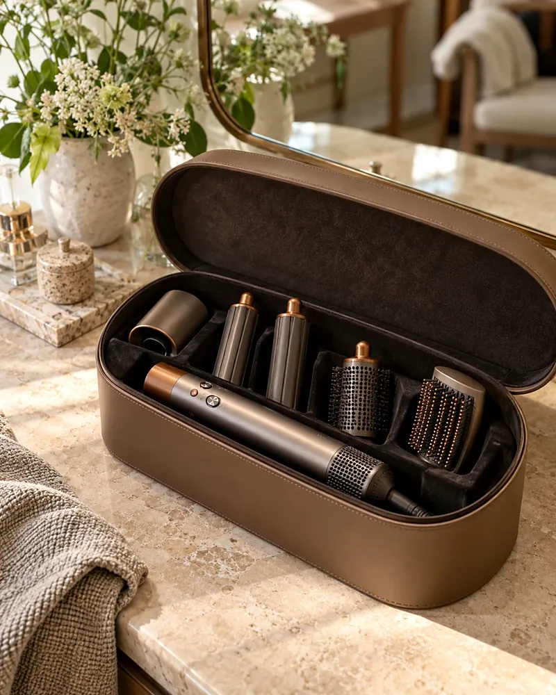 Hair styling set with attachments in a taupe leather case