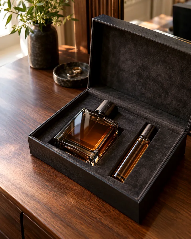 Men's cologne and travel spray in a black leather gift box