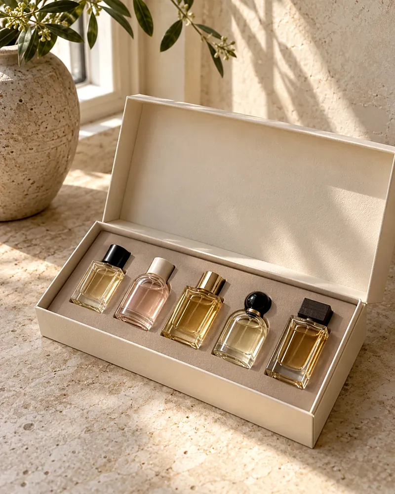 Five mini perfume bottles in an ivory discovery gift box