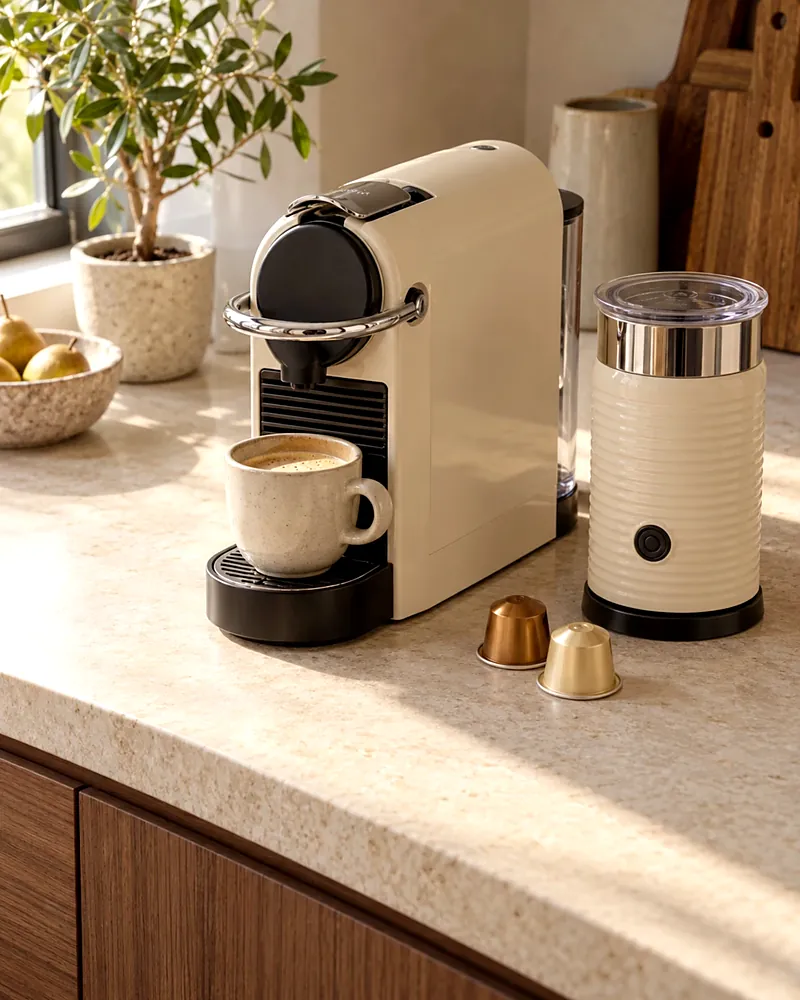 Cream capsule coffee machine and milk frother on a stone counter