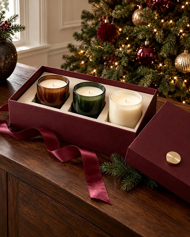 Three scented candles in a burgundy gift box by a holiday tree