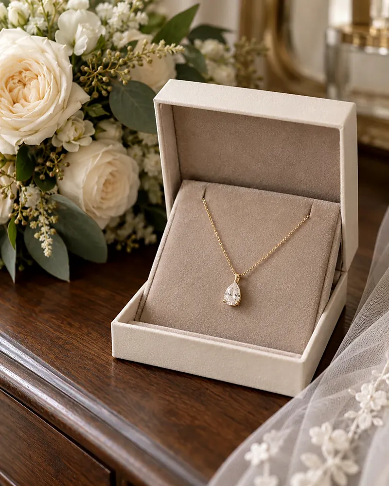 Gold pendant necklace in an ivory jewelry box beside white roses