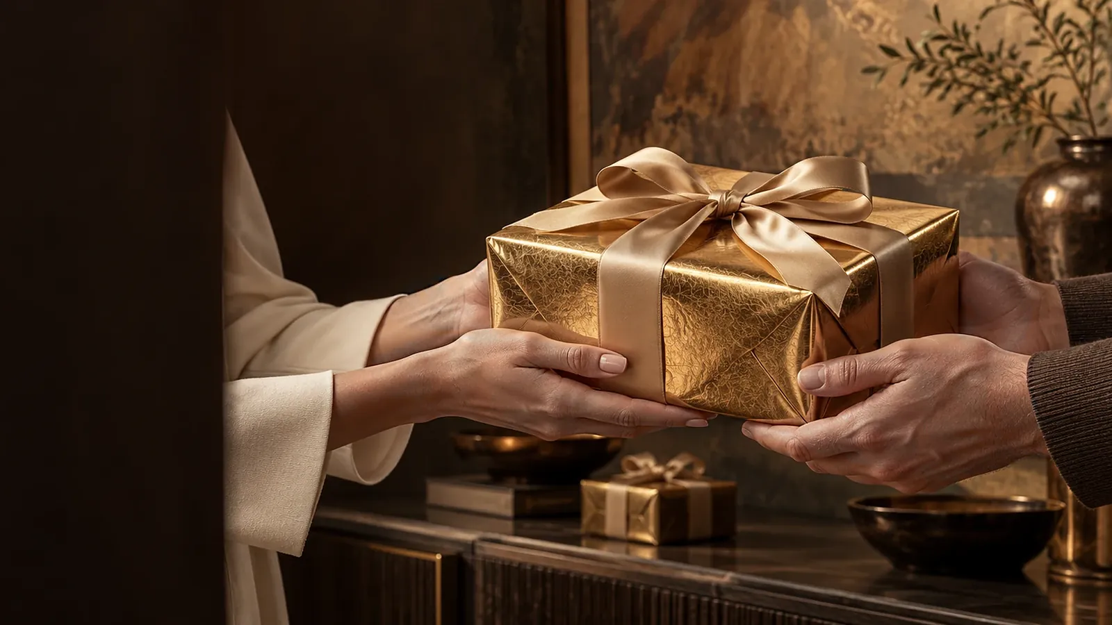 Two people exchanging a gold-wrapped gift tied with a satin ribbon in a warmly lit room