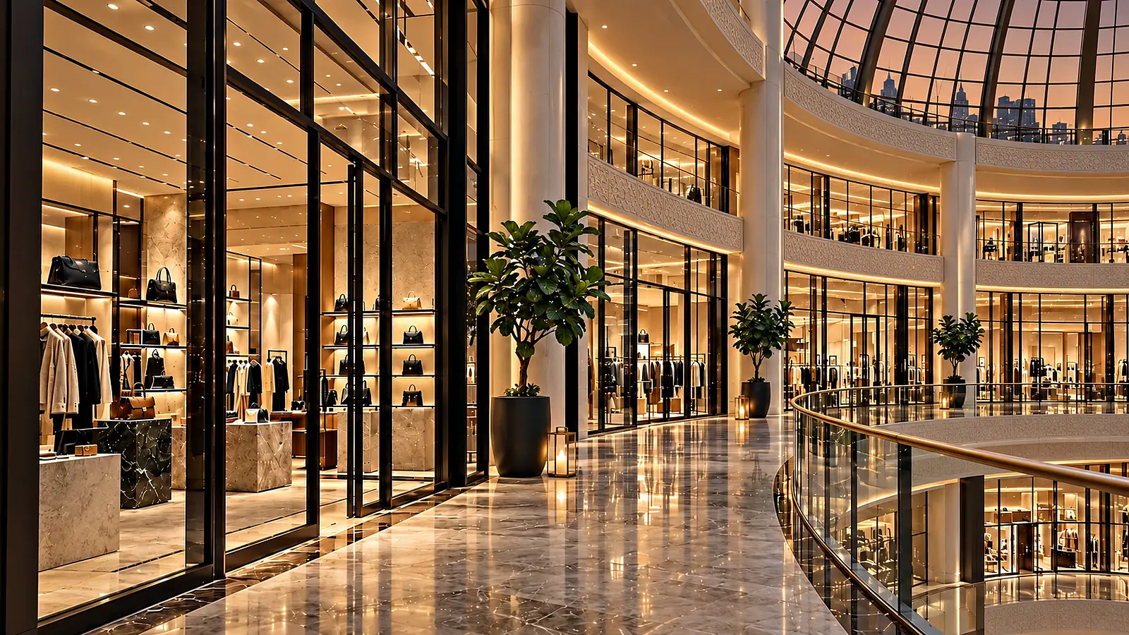 Luxury shopping gallery at dusk with glowing boutique windows, a polished marble walkway, fig trees and a glass dome