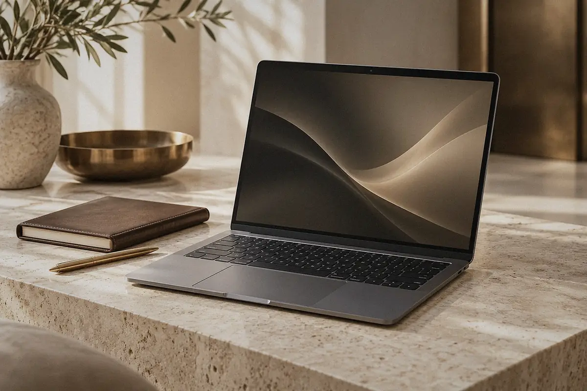Slim silver laptop open on a travertine desk beside a leather notebook, a brass pen and a bronze bowl in soft afternoon light