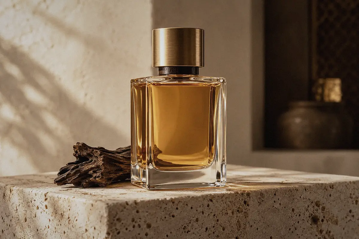 Square amber perfume bottle with a brushed brass cap beside a piece of agarwood on a travertine block
