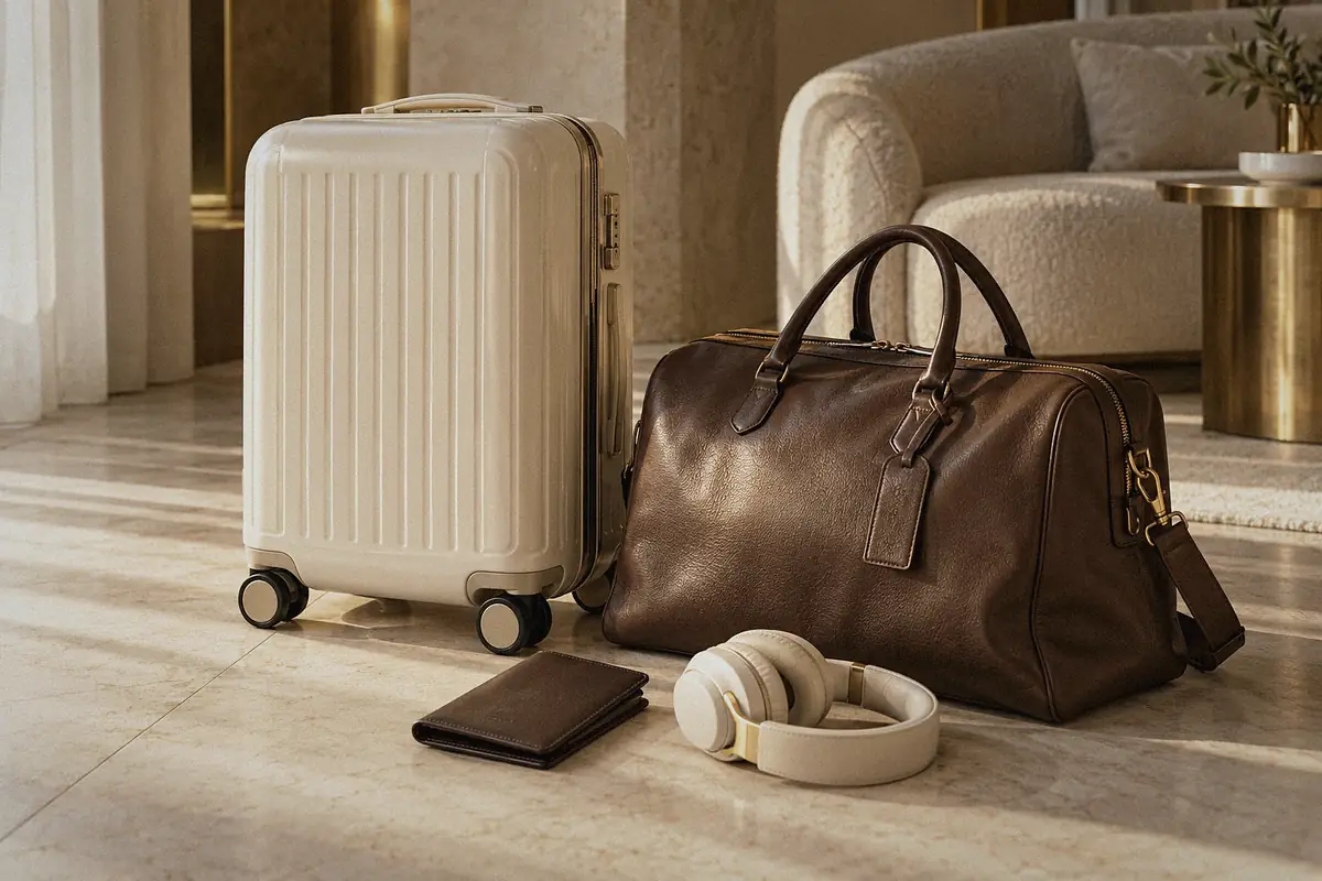 Ivory hard-shell carry-on, brown leather weekender, passport wallet and cream headphones on a marble floor