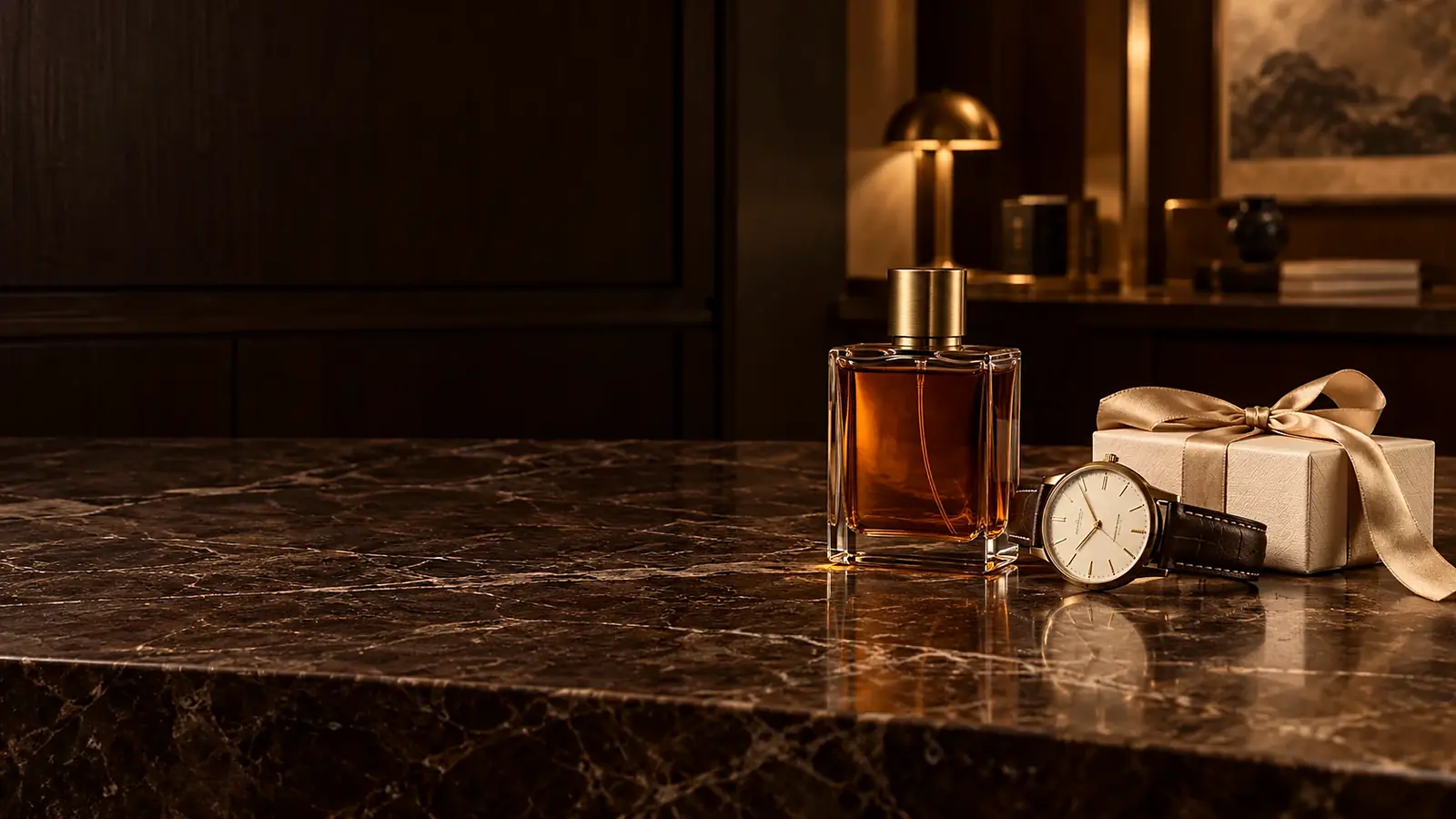 Amber perfume bottle, a gold watch on a leather strap and a ribbon-tied gift box on a dark marble counter in a softly lit boutique